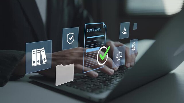 Compliance and document management concept. Person using laptop with compliance and file icons, regulatory control, document organization and business governance.