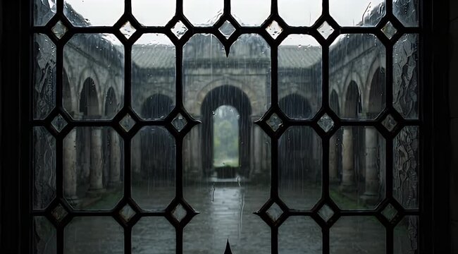 Rain streaks on ornate window overlook ancient stone arches