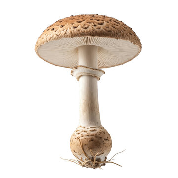 A close-up view of a mushroom with a white stem and a brown cap.