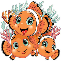 Naklejka premium Clown Fish Cute and Joyful Cartoon Characters group of three swimming on Coral Reef Background Vector Illustration 