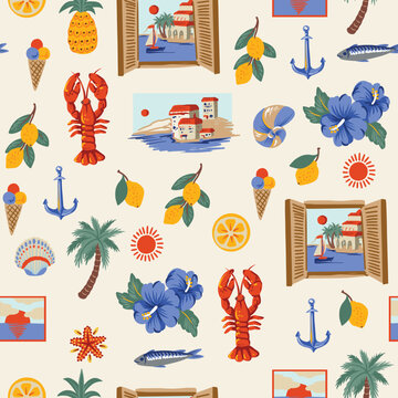 Mediterranean seamless pattern with Amalfi lemons seafood tiles summer illustration design
