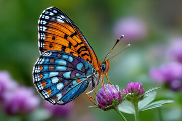Fototapeta premium Vibrant Butterfly on Purple Flower in Nature