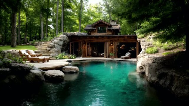 Geothermal hot springs resort, spa, bath pool, winter relaxation vacation theme. A rustic wooden house nestled in a lush forest, with a swimming pool in front of it. The pool is surrounded by rocks.