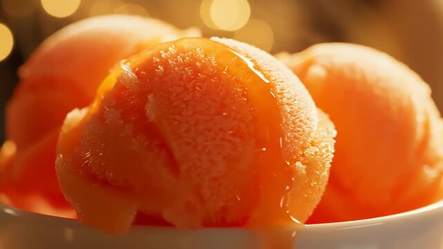 Close up of orange sorbet scoops with pouring liquid