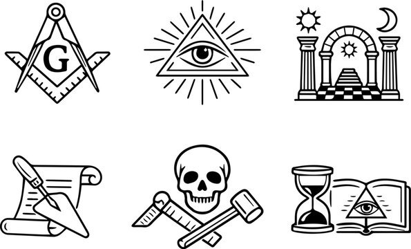 Freemasonry symbols masonic lodge outline icon set. Vector