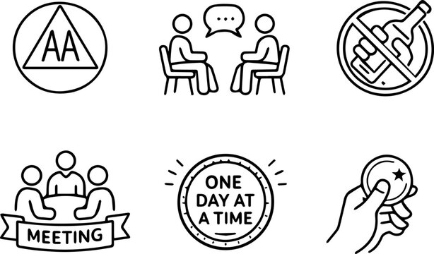 Alcoholics anonymous recovery support outline icon set
