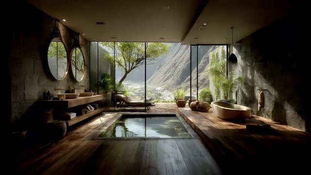 Geothermal hot springs resort, spa, bath pool, winter relaxation vacation theme. A luxurious bathroom with a wooden floor, a tub, a large window overlooking a lush, green landscape.