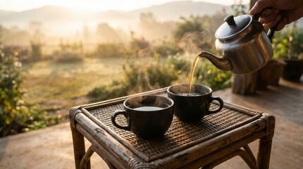 A hand pours steaming tea from kettle into two cups on a wooden table in a serene landscape
