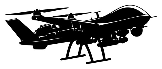 A black and white silhouette of a military drone, black, drone, fly, helicopter, illustration, plane, profile, propeller, sky, telescope, against transparent background © Alloca Design Studio