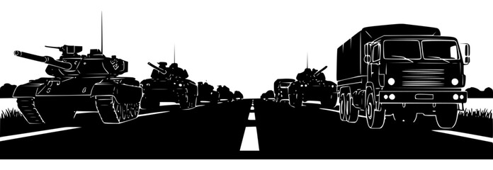 Obraz premium A line of military vehicles on a road with tank and semi-truck, army, army tank, drive, equipment, highway, illustration, road, rural, tank, trailer truck, truck, against transparent background
