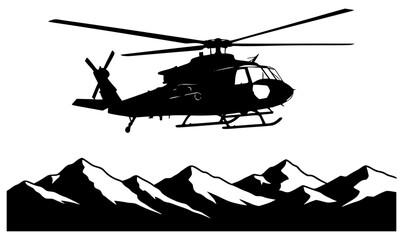 A black and white silhouette of a helicopter flying over mountains, black, blanket, fly, helicopter, mountain, mountain landscape, mountain range, profile, sky, against transparent background © Alloca Design Studio