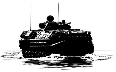 A black and white illustration of a military tank driving through water, army, drive, illustration, sea, tank, turret, vehicle, water, against transparent background © Alloca Design Studio