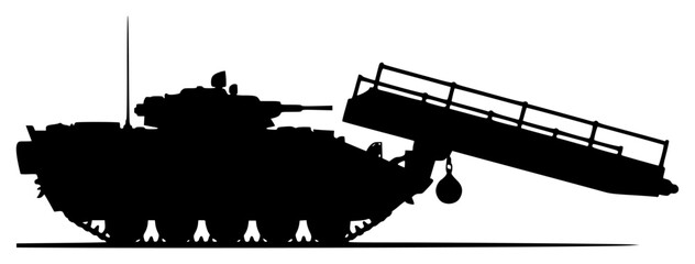 ouette of a military tank with a ramp attached to it, army, army tank, cargo, crane, equipment, illustration, lift, load, profile, rail, ramp, tank, transporter, turret, against transparent background © Alloca Design Studio