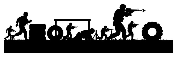 itary vehicles and soldiers in action, army, drone, equipment, gun, machine gun, man, monster truck, person, play, profile, rifle, soldier, stand, tire, trumpet, weapon, against transparent background © Alloca Design Studio