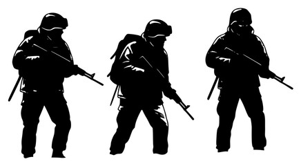 al gear, each holding a rifle, army, black, camouflage, equipment, gasmask, goggles, gun, illustration, machine gun, man, pose, profile, rifle, soldier, uniform, weapon, against transparent background © Alloca Design Studio