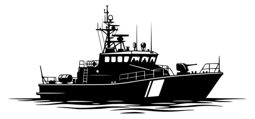 A black and white silhouette of a tugboat on water, black, boat, fishing boat, float, illustration, profile, sea, tugboat, vessel, warship, water, against transparent background © Alloca Design Studio