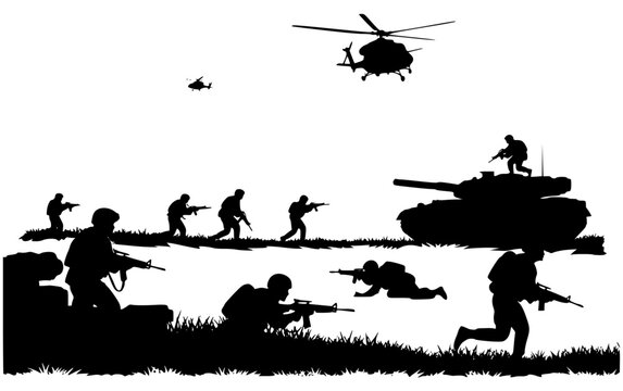 ers silhouetted against a , with a helicopter in the background, army, army tank, gun, helicopter, illustration, machine gun, man, profile, rifle, soldier, tank, weapon, against transparent background