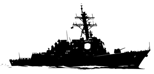 A silhouette of a military ship on a , army, battleship, black, boat, float, profile, sail, sea, vessel, warship, water, against transparent background © Alloca Design Studio