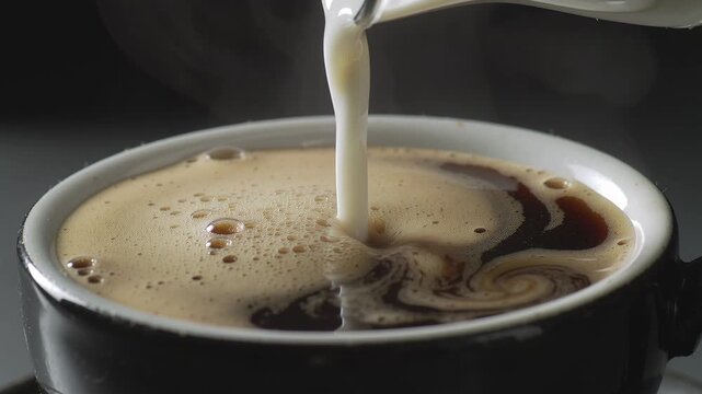 A single stream of milk meets dark coffee &mdash; a visual metaphor for integration, calm, and intentional presence. 4K footage for mindfulness apps, therapeutic design, or emotional regulation content.