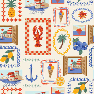 Mediterranean frames seamless pattern with lobster lemons coastal summer illustration design