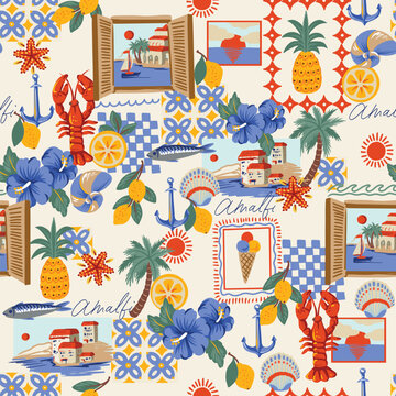 Mediterranean seamless pattern with Amalfi lemons seafood tiles summer illustration design