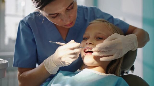 Dentist examining a young girl&rsquo;s teeth in a modern dental clinic, wearing gloves and using dental mirror during routine checkup.