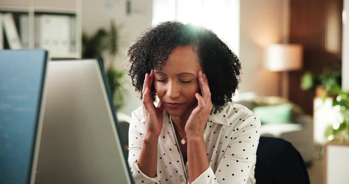 Programmer, headache and woman with computer, office and thinking with burnout, flare and exhausted. Employee, fatigue and mature person with migraine, web development and reflection for workload