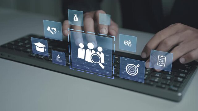 Recruitment and HR management concept. Person typing keyboard with human resource and candidate icons, talent acquisition, workforce planning and employee management.