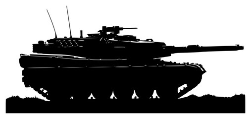 A black and white silhouette of a tank on a grassy terrain, army, black, profile, tank, turret, against transparent background © Alloca Design Studio