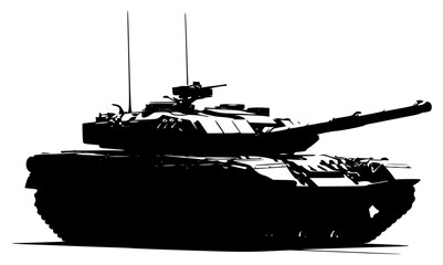 A black and white silhouette of a military tank on a plain , army, illustration, tank, turret, against transparent background © Alloca Design Studio