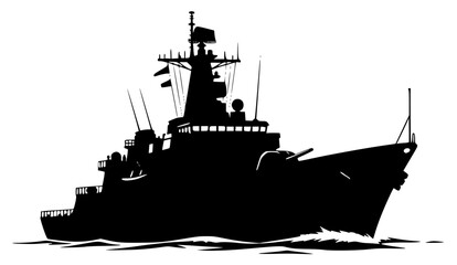A silhouette of a large ship in the ocean, with a , battleship, black, boat, illustration, profile, sea, vessel, warship, water, against transparent background © Alloca Design Studio