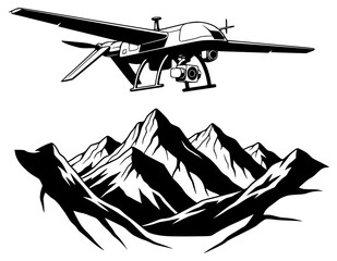 lustration of a drone flying over a mountainous landscape, biplane, black, drone, fly, illustration, image, mountain, mountain landscape, plane, profile, propeller, sky, against transparent background © Alloca Design Studio