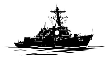 A silhouette of a navy ship on a , battleship, boat, illustration, profile, sail, sea, vessel, warship, water, against transparent background © Alloca Design Studio
