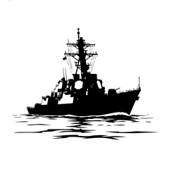 A silhouette of a military ship in the water, battleship, black, boat, calm, float, profile, sail, sea, vessel, warship, water, against transparent background © Alloca Design Studio