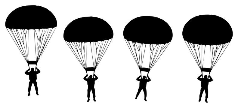 Four silhouettes of people jumping with parachutes in different positions, black, illustration, man, parachute, paratrooper, person, profile, sky, against transparent background