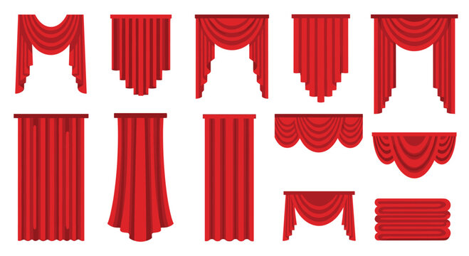 Eleven distinct red curtain designs, including drapes, valances, and folded panels, are displayed in a grid against a clean white background.