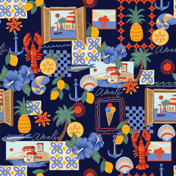Mediterranean seamless pattern with Amalfi lemons seafood tiles summer illustration design