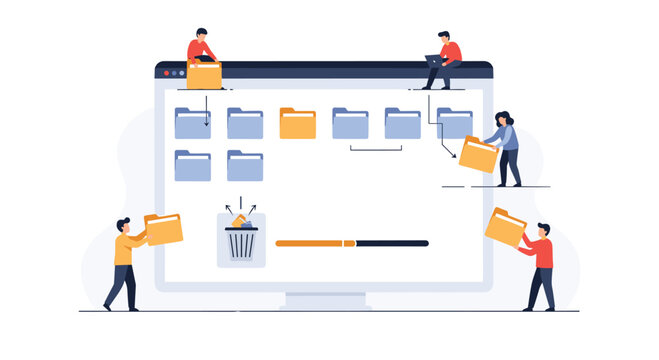 Five small, stylized figures are actively managing digital files and folders on a large computer monitor with a visible progress bar.