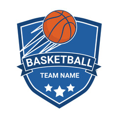 A professional blue basketball shield logo template featuring a dynamic ball illustration and a bold banner with a customizable team name. The ideal modern sports emblem design.