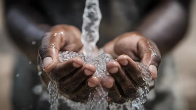 Close up of a Black African man&rsquo;s hand with clean water pouring down, symbolizing water resources, sustainability, and the importance of access to safe drinking water.
