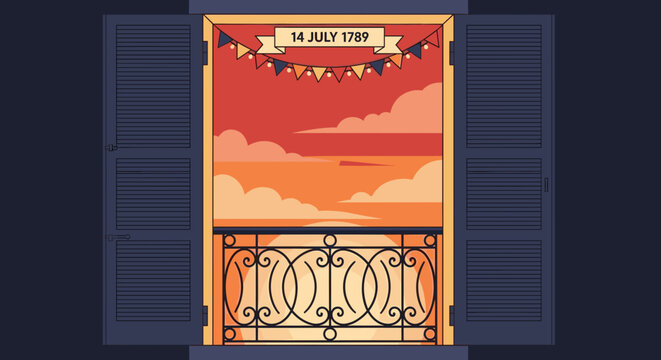 Bastille Day Balcony Scene with French Flags and Festive Bunting, Warm Sunset 14 July 1789 Celebration Illustration