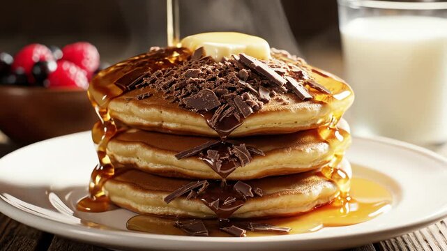 Stack of pancakes with chocolate syrup and butter on a white plate