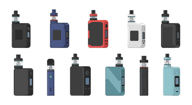 A collection of ten distinct electronic vaporizers, including various box mods and pod systems, are neatly arranged in two rows on a plain light background.