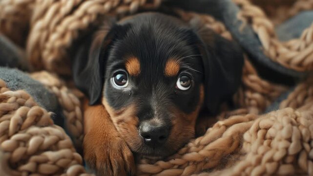 Cuddly puppy nestled in soft, textured blanket. Big, curious eyes gaze directly at viewer. Furry paws tucked under warm, cozy fabric. Cozy, intimate moment captured with gentle lighting