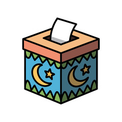 Cube-shaped charity donation box decorated with crescent moons and stars sits ready for paper.