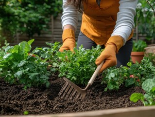 Fototapeta premium Focused woman gardening with hand rake in sunny garden