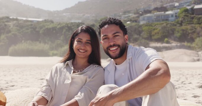 Beach, face and couple with smile, relax and bonding on summer holiday, love or romance with partner. Outdoor, man and embrace with woman on vacation, happiness and commitment for relationship at sea