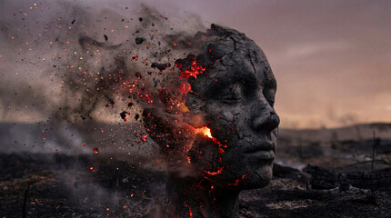 Dark ash face crumbling glowing ember flying particle surreal death rebirth destruction melancholy dramatic photography fire burn magic mystic portrait