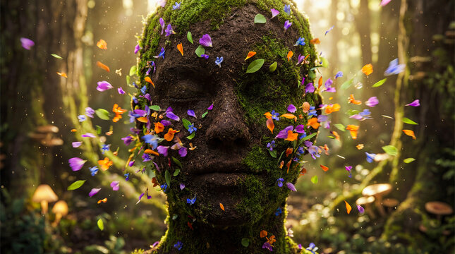 Surreal floral human face blooming vibrant flower petal green leaf dark background magical forest nature spring ecology beauty botanical macro portrait