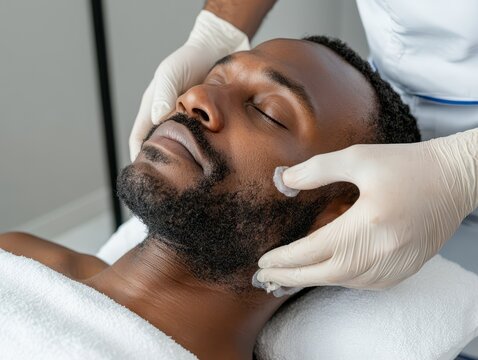 Relaxed Black man cleansing face at spa during daytime